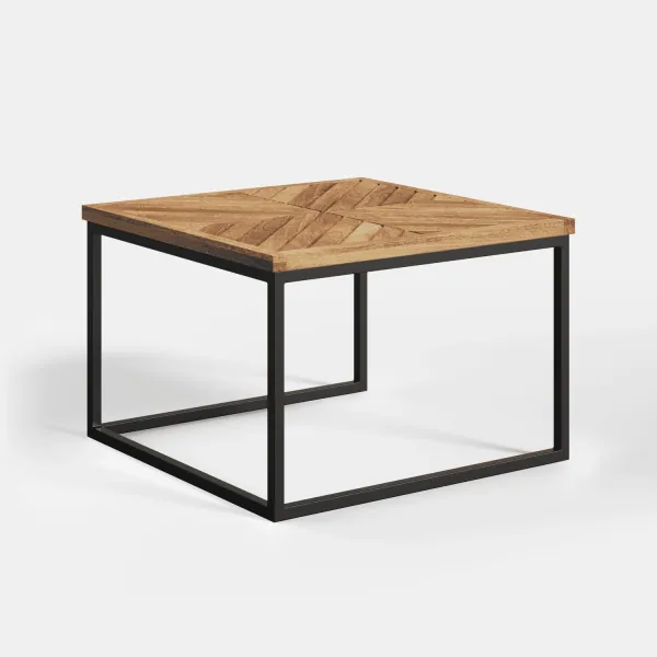 Coffee table with herringbone mango wood top and metal frame, angled view