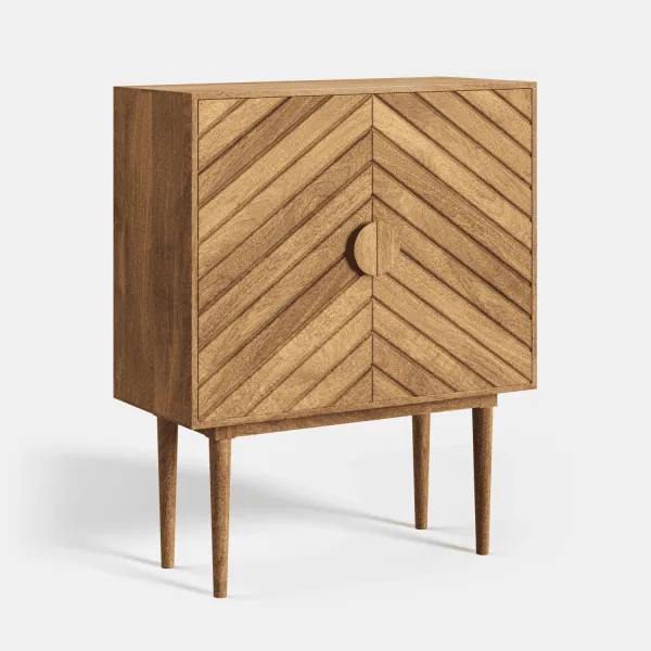 Zofia sideboard, solid mango wood, front angled view, doors closed, standing on tall legs