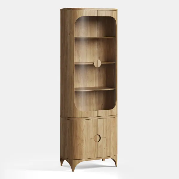 Elena display cabinet in oak wood, side view, glass doors with shelves, closed cupboard below